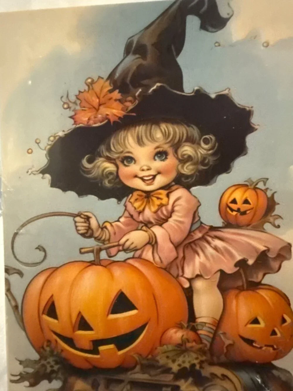 Vintage Halloween Girl Art Print With Pumpkins & Witch Hat 5x7 Clear Acrylic Fra